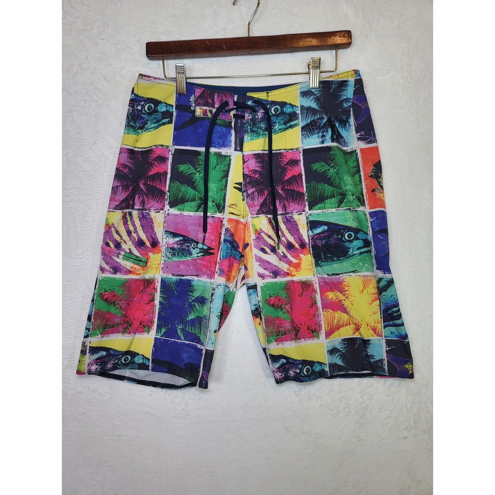 Salt Life Live Salty Y2K Fish Print Surf Board Shorts Swim Beach Vaca Size 30